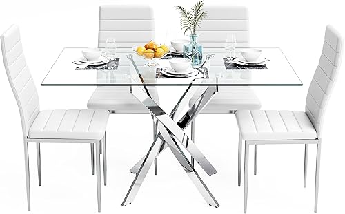 Miniatura 9 de Juego de mesa de comedor de 5 piezas, juego de mesa de comedor de vidrio templado para 4 mesas de cocina con 4 sillas tapizadas para cocina y Mesa