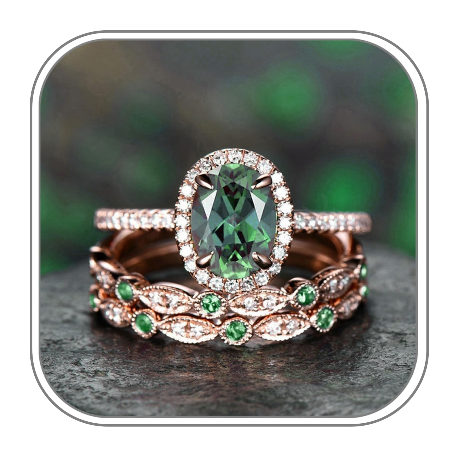 Clearing Emerald Wedding Ring Set, Antique Vintage Solitaire Created Green Emerald Ring, Valentine's Mother‘s Day Gift for Women Mom