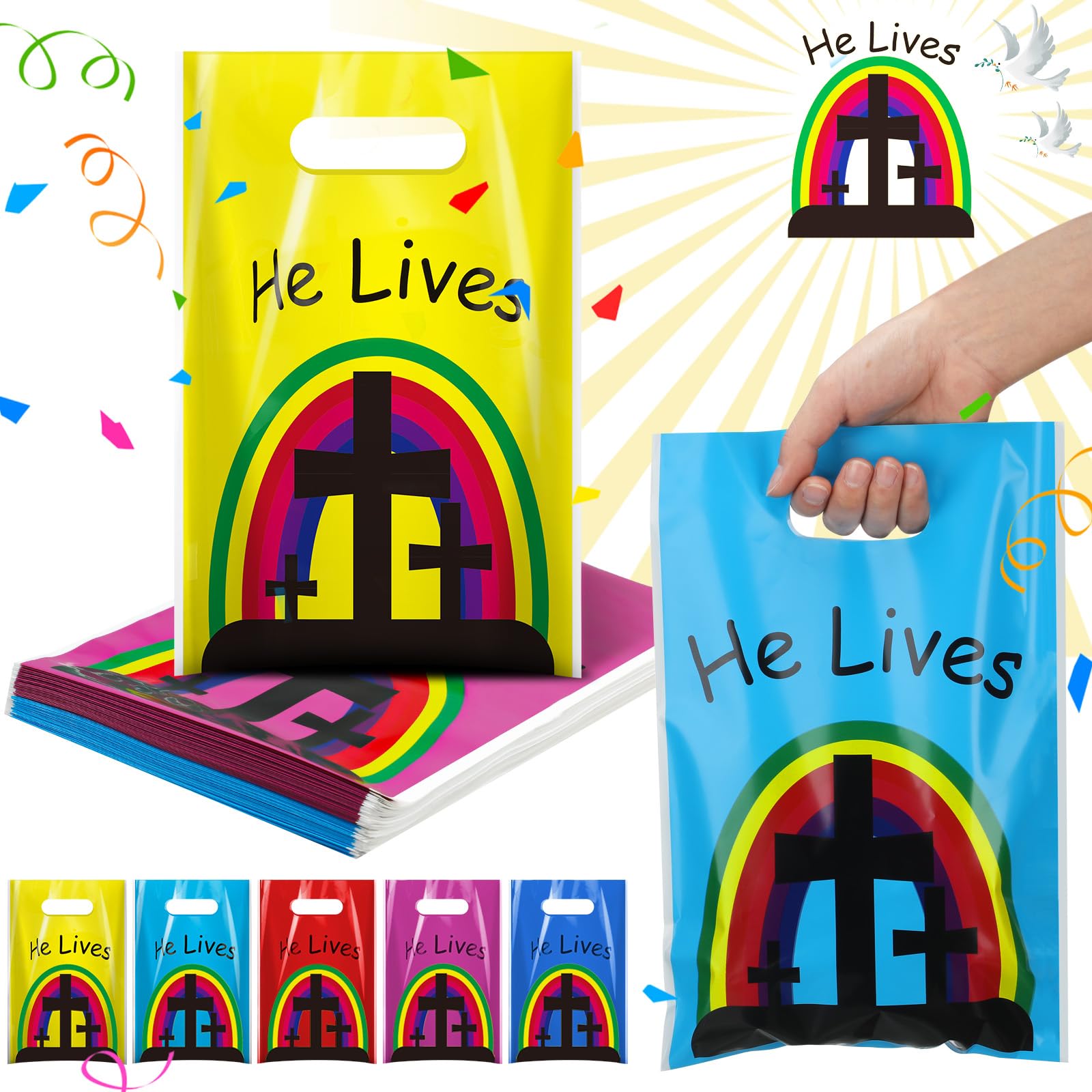 Panelee 100 Pcs Easter He Lives Gift Bags Plastic Goody Bags with Handles Christian Cross Religious Treat Candy Gift for Adult VBS Church Party Supplies Party Favor Decoration