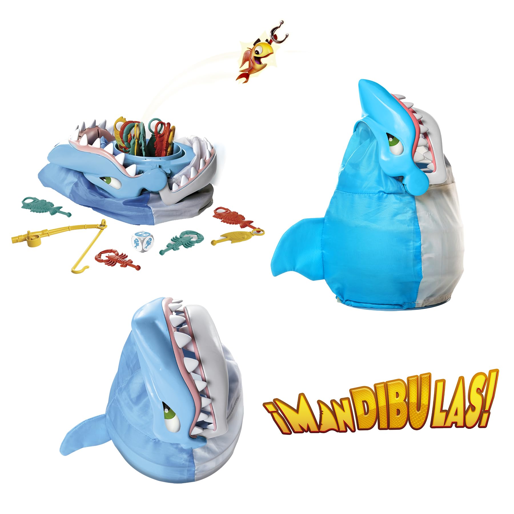 Mandibulas, Juego de Mesa. La pesca más divertida, Juego para niños partir de 4 años. Rescata los animalitos marinos sin que el Tiburón te atrape. Saca los peces de su mandíbula con tu caña de pescar