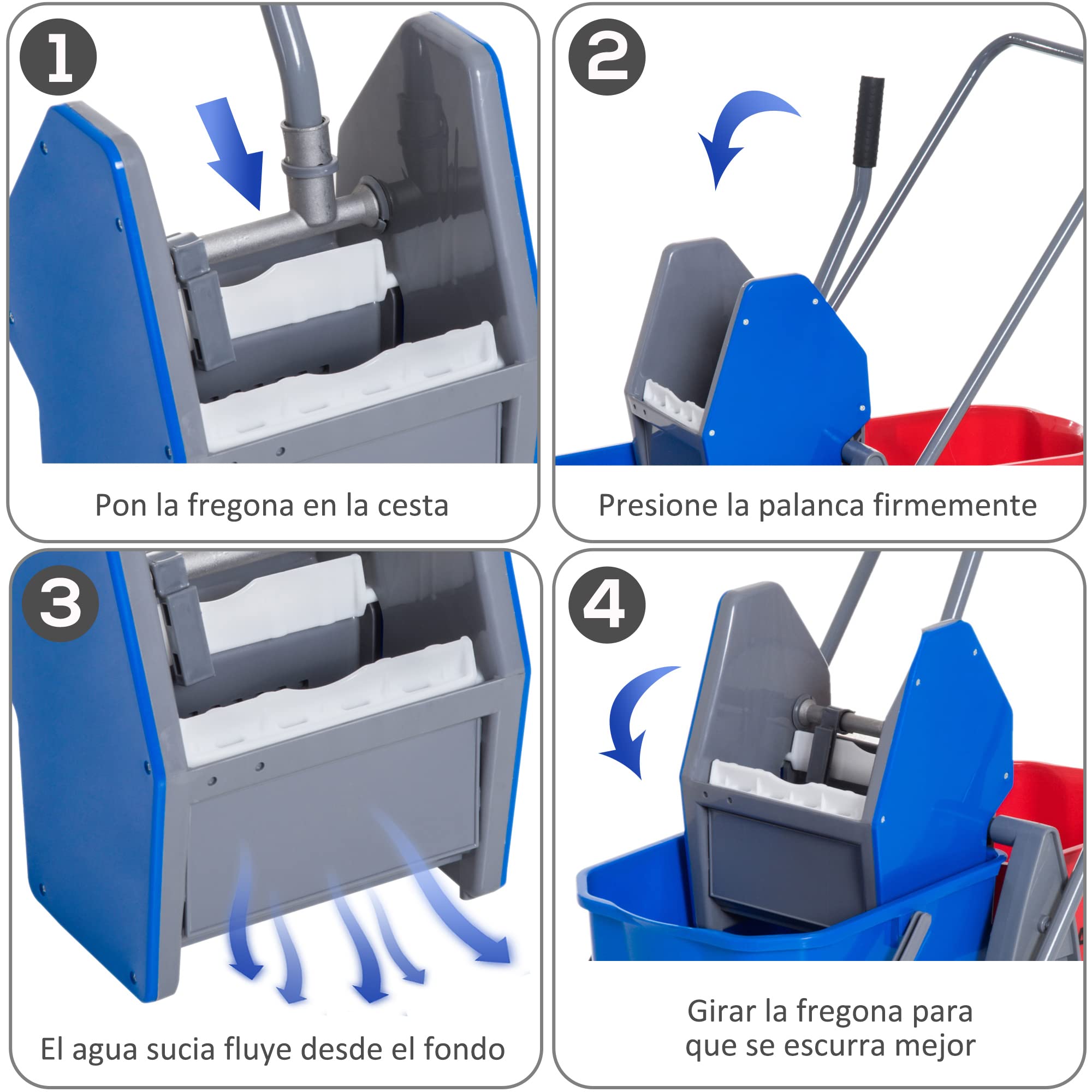HOMCOM Carro de Limpieza Profesional Carro de Fregado de Metal con 2 Cubos de 25 litros Extraíbles Escurridor Prensa Manual y 4 Ruedas 73x45x92 cm Rojo y Azul