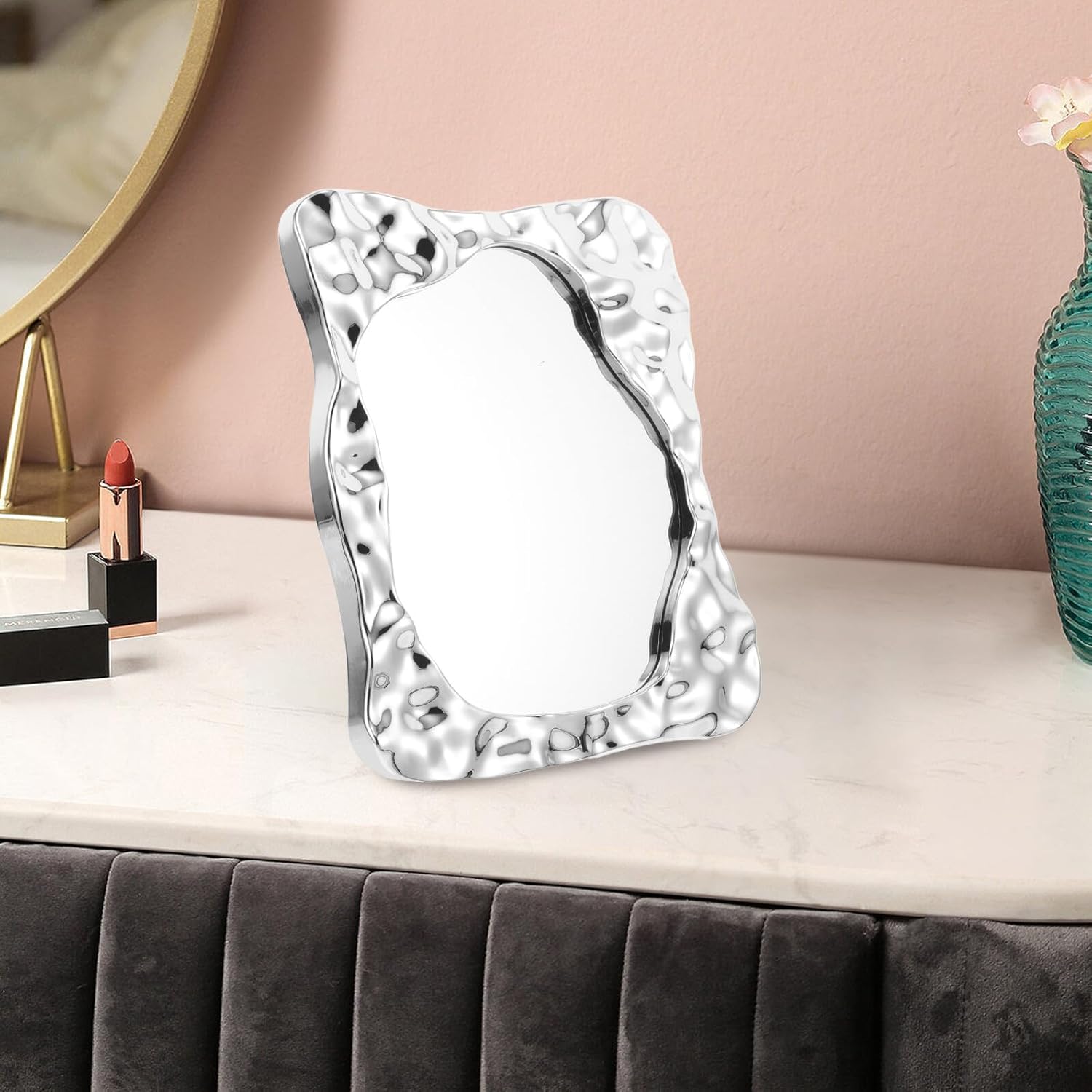 BETOOKY Desktop Vanity Mirror Compact Square Makeup Mirror Silver Electroplated Tabletop Dressing for Personal Beauty and Travel Use