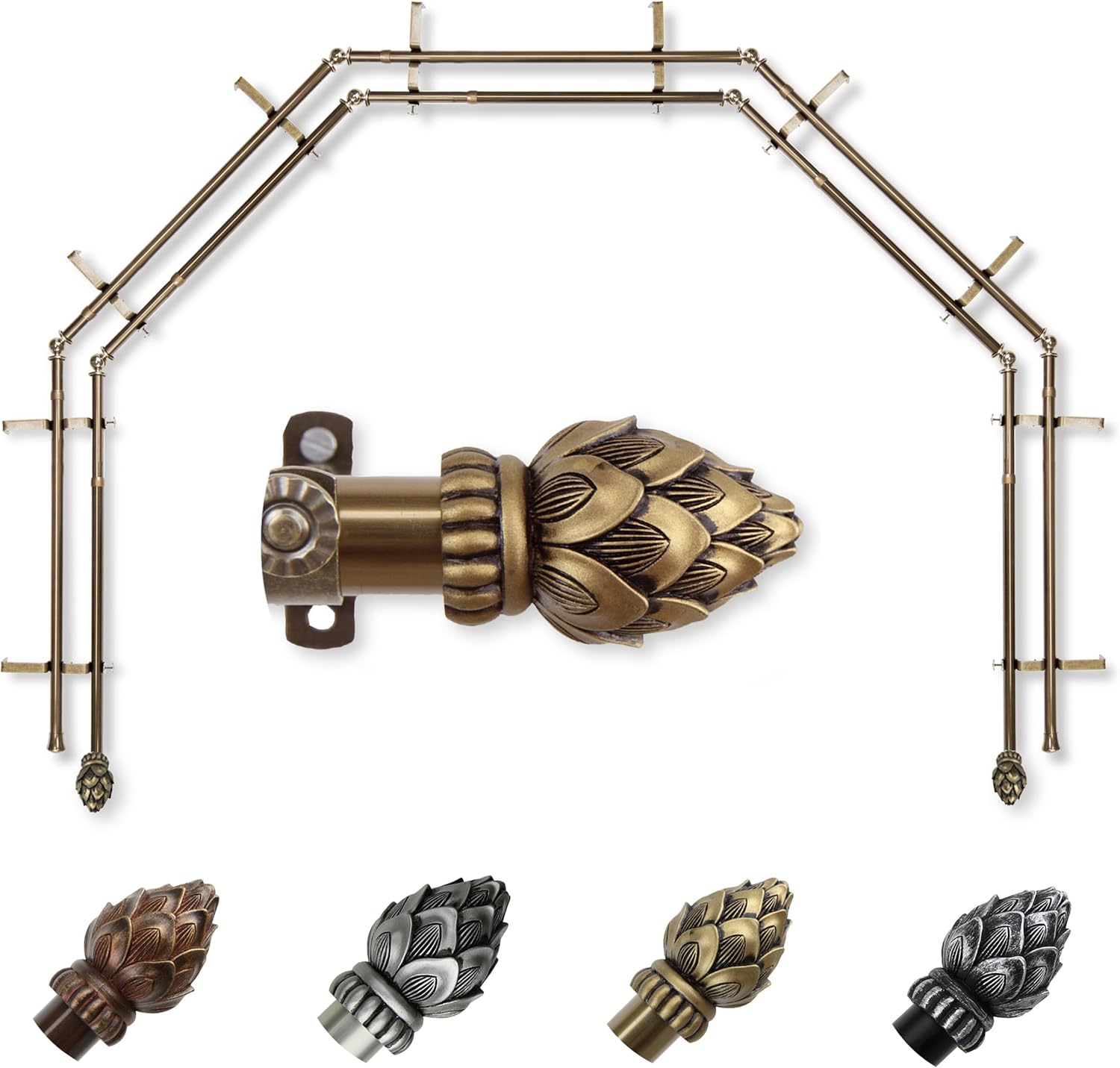 A&F Rod Décor - Sprout 13/16" 5-Sided Double Bay Window Curtain Rod - Antique Brass