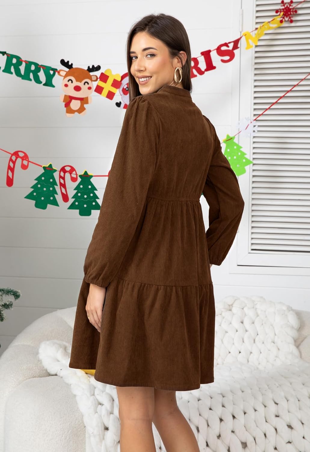 Jayscreate Women's 2025 Long Sleeve Corduroy Dress Above Knee A-Line V Neck Fall Winter Short Work Dress - Image 3