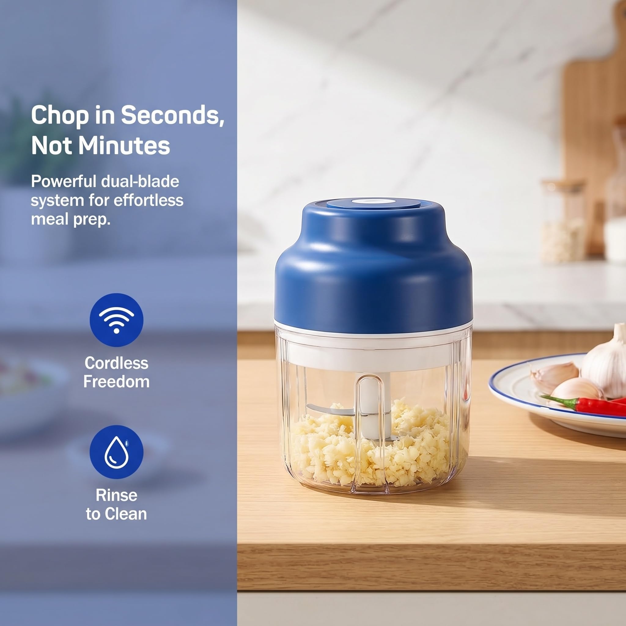 Mini picadora de ajo eléctrica, recargable por USB, inalámbrica, para ajo, jengibre, cebolla y verduras, utensilio de cocina rápido y eficiente, capacidad de 320 ml