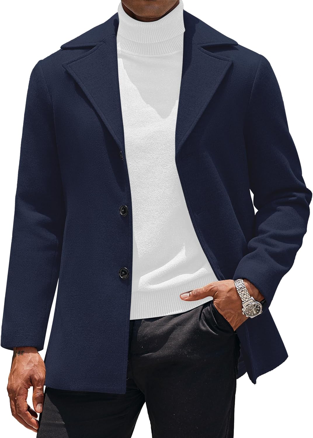 COOFANDY Mens Trench Coat Notched Collar Single Breasted Peacoat Winter Overcoat With Pockets