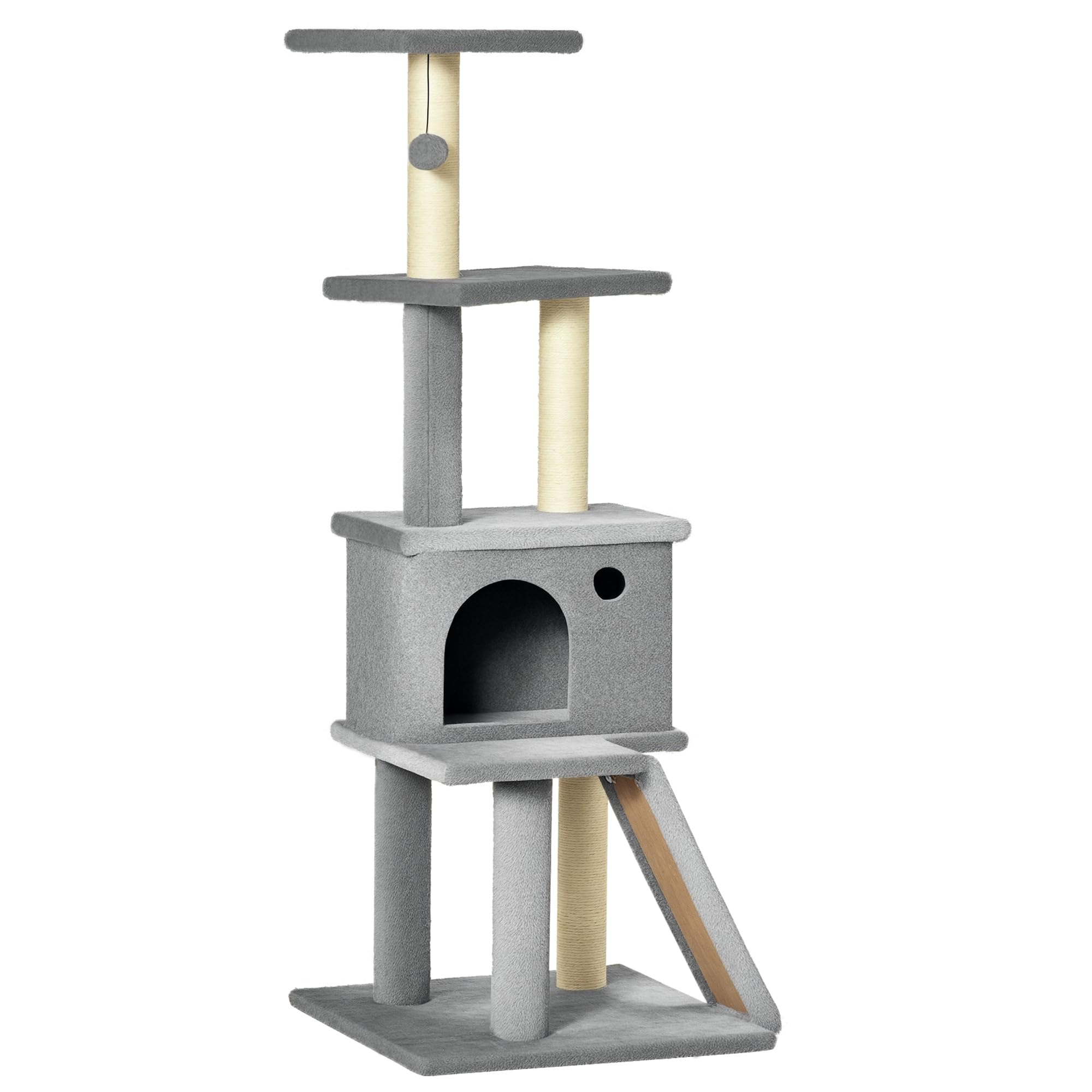 PawHut Arbre à Chat Griffoir Grattoir Tour de Jeu avec Niche 125 cm Gris | Plate-Formes, Balle Suspendue