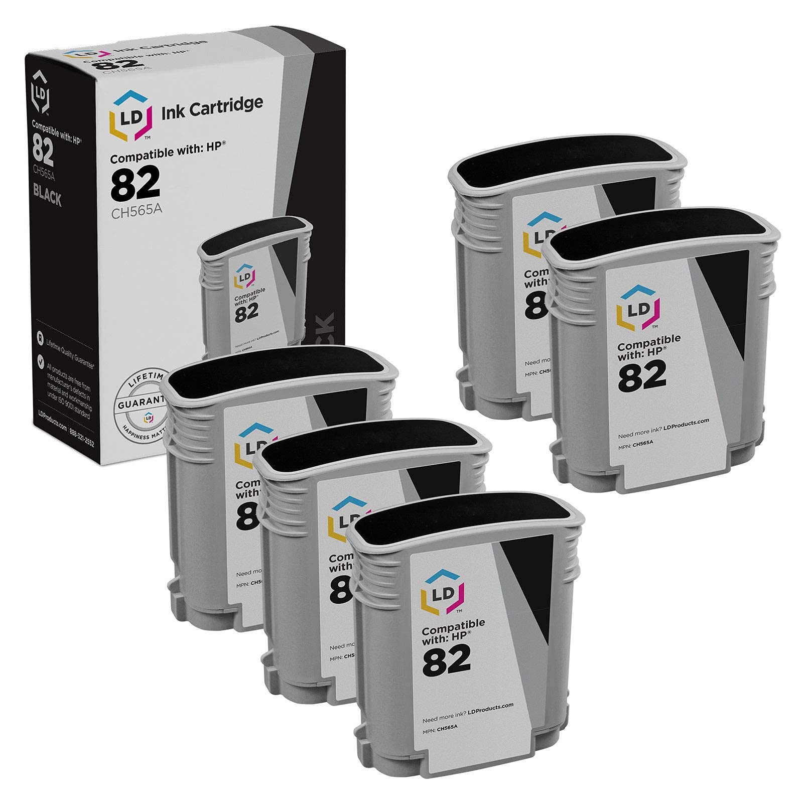 LD Products Remanufactured Replacement for HP 82 Black CH565A Cartridge for Use with Designjet 510 and 111 Printers (5-Pack)