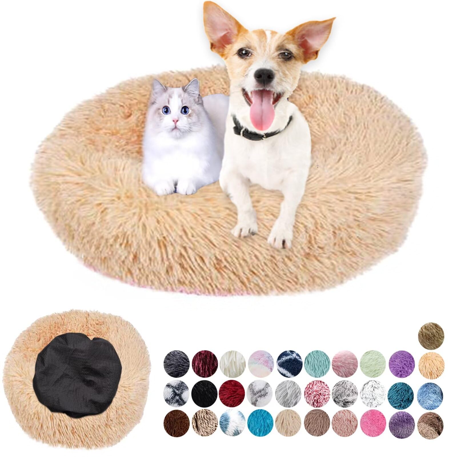 Soft Fluffy Round Dog Houses - Calming Pet Beds Plush Anti Anxiety, Anti-Slip Cat Bed Easily Washable - Improving Sleeping and Warm, Small Medium Large Light Brown 120cm