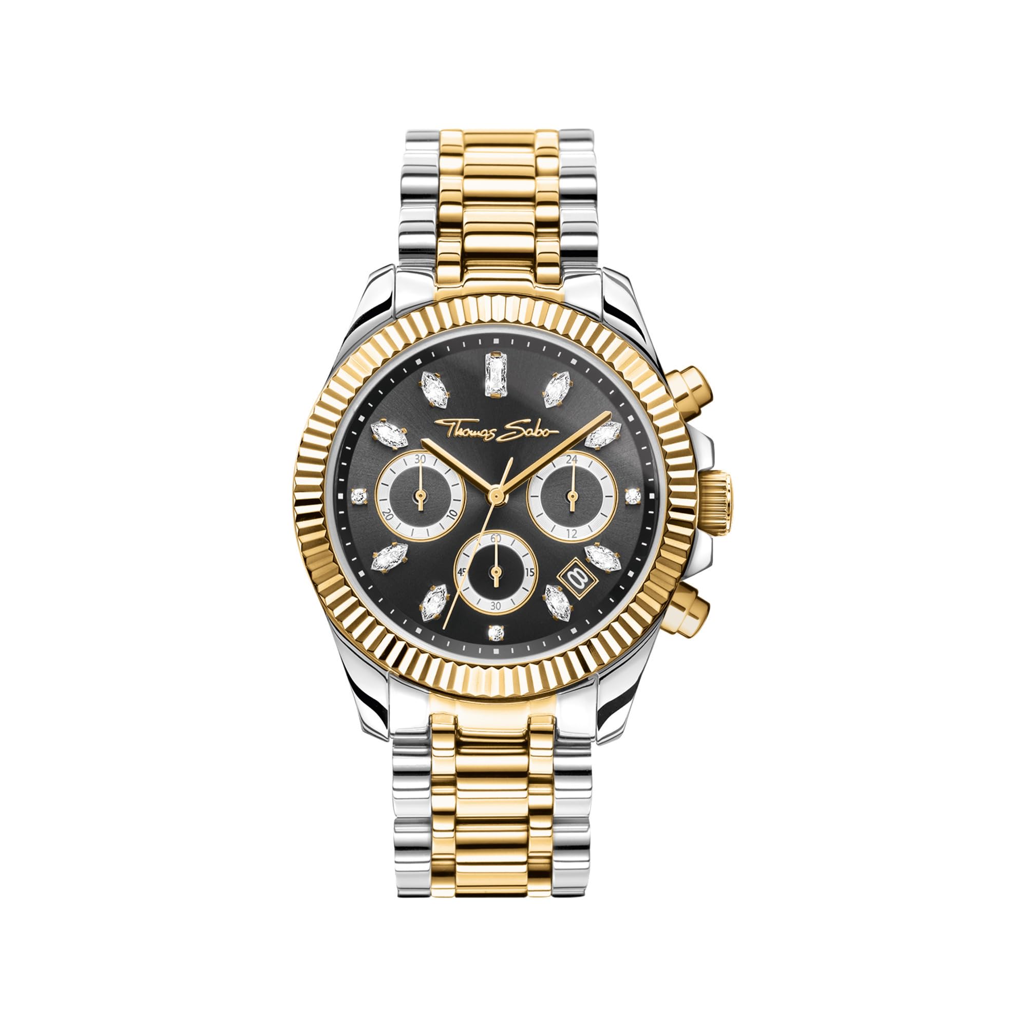 THOMAS SABO Uhr Divine Chrono mit Zifferblatt in Schwarz gelbgoldfarben Edelstahl, Edelstahl Silberfarben