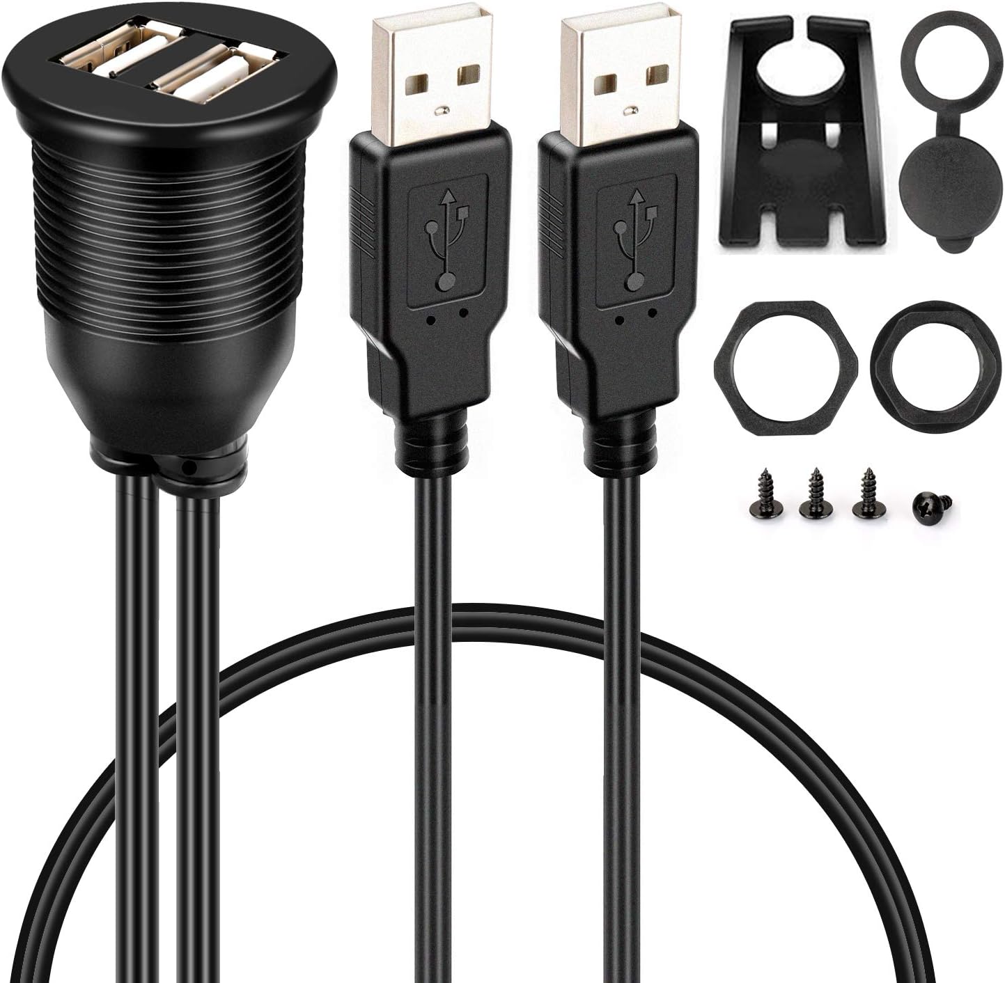 Dual USB Dashboard Cable Flush Mount Male to Female Extension for Car Truck Boat Motorcycle Panel 3 Feet Black