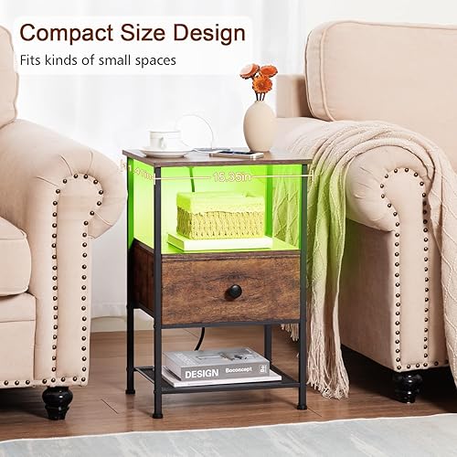 Miniatura 8 de Juego de 2 mesitas de noche LED con estación de carga, mesas auxiliares para sala de estar con cajón de tela para espacios pequeños, mesas