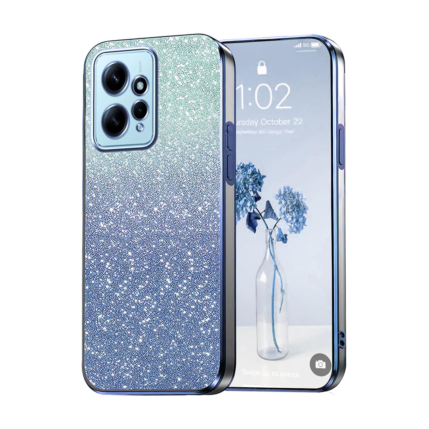 JNERBUYI Cover Per Xiaomi Redmi 12 4G Con Carta Scintillante - Custodia TPU Trasparente Antiurto, Design Glitterato, Blu