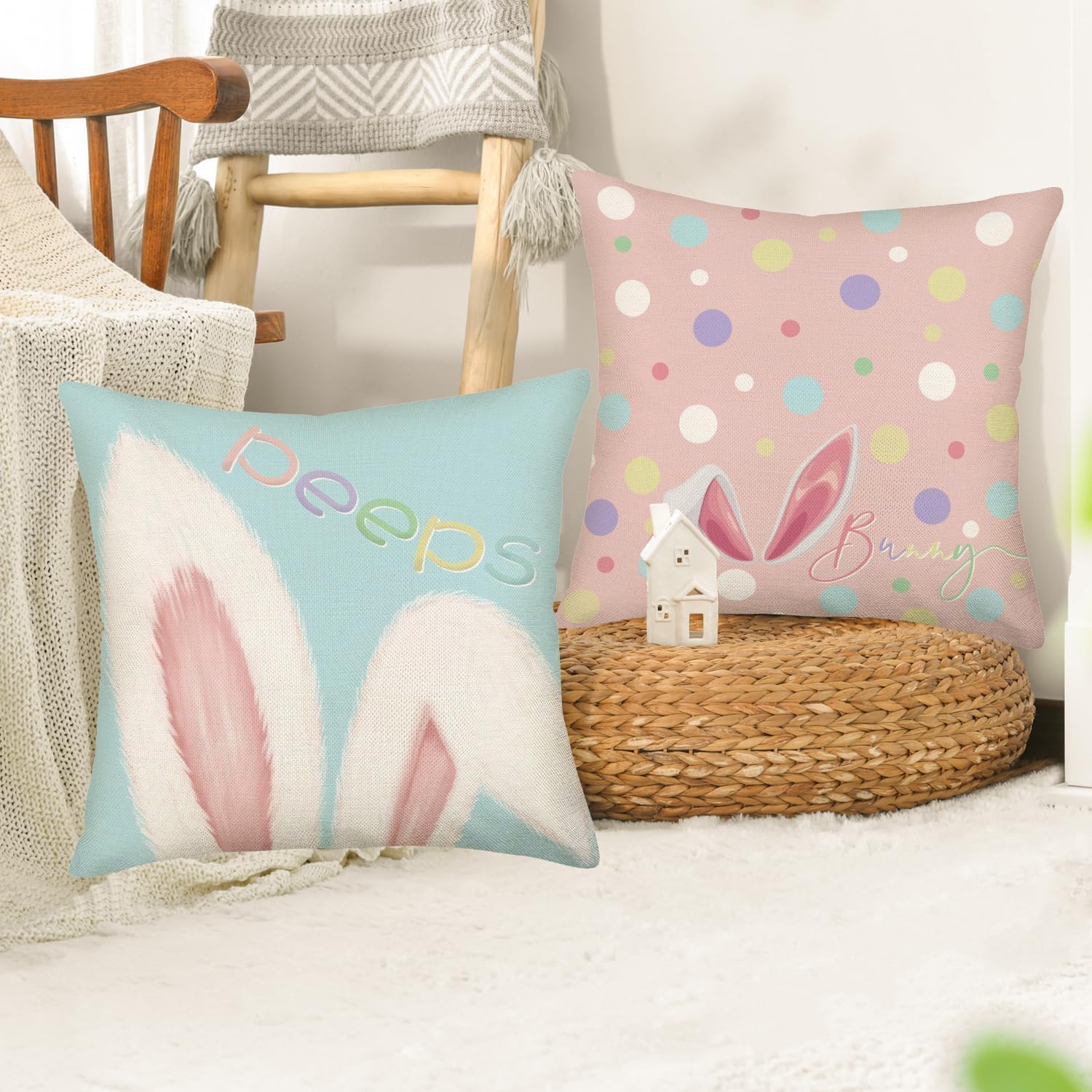 Smilyard Happy Easter Pillow Covers 24x24 Inch Set of 4 Rabbit Bunny Egg Hunt Spring Farmhouse Decorative Throw Pillow Cases Blue Pink Cushion Cover for Kids Room Couch Home Decor