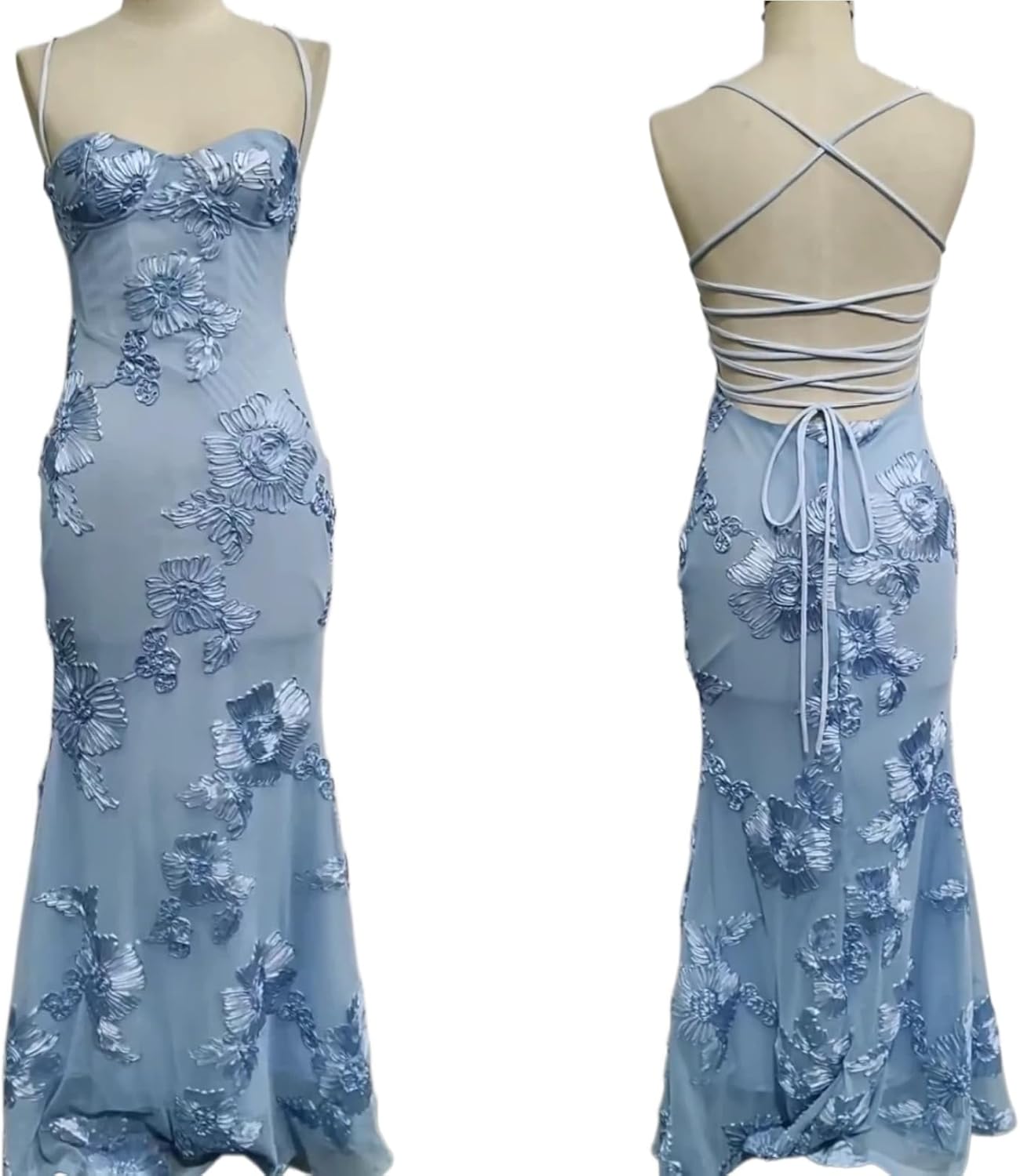 Floral Embroidery Tulle Bridesmaid Dresses for Women, Lace Up Spaghetti Straps Mermaid Corset Formal Prom Dress