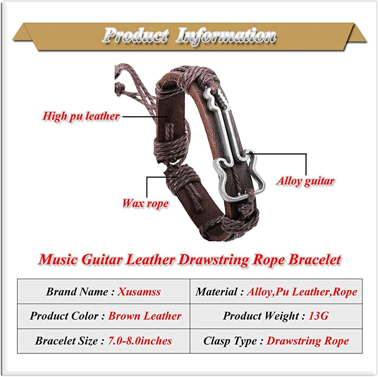 Xusamss Fashion Music Jewelry Guitar Bracelet Leather String Wristband Drawstring Rope Bracelet