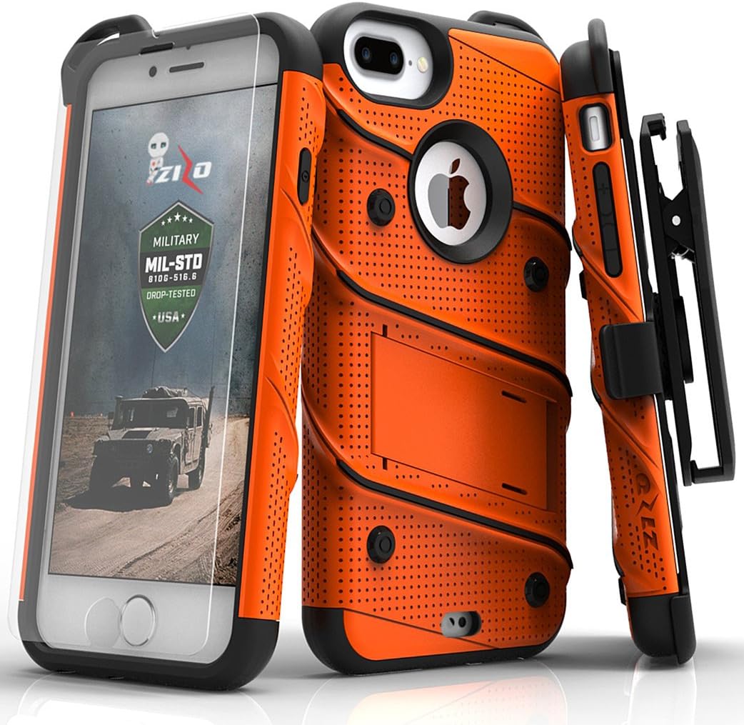 ZIZO Bolt Series for iPhone 8 Plus Case Military Grade Drop Tested Tempered Glass Screen Protector Holster iPhone 7 Plus case Orange