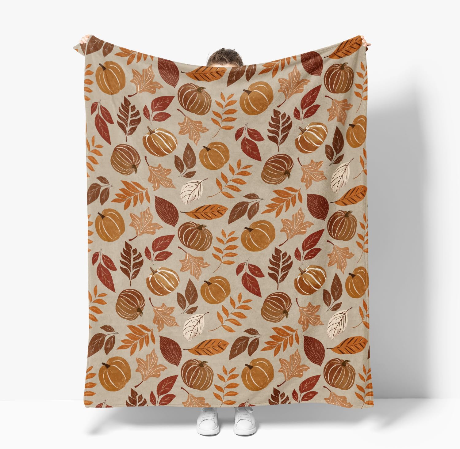 Horaldaily Fall Coffee Color Pumpkin Leaves Flannel Throw Blanket 50x60