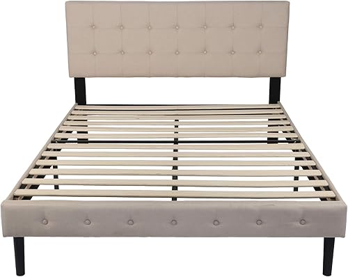 LUCKYERMORE Cama de plataforma matrimonial, base de colchón tapizada de tela, moderna base de colchón de tamaño matrimonial con soporte de listones