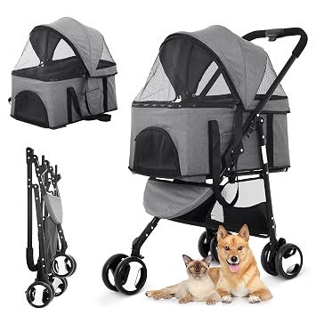 Dog Stroller Pet Strollers 3 Wheel Doggy Stroller for Small Medium Dogs Cats 3-in-1 Detachable Travel Carrier Pet Gear Stroller Wagons for Dogs Trolley for Cat Doggie Rabbit Puppy, Grey