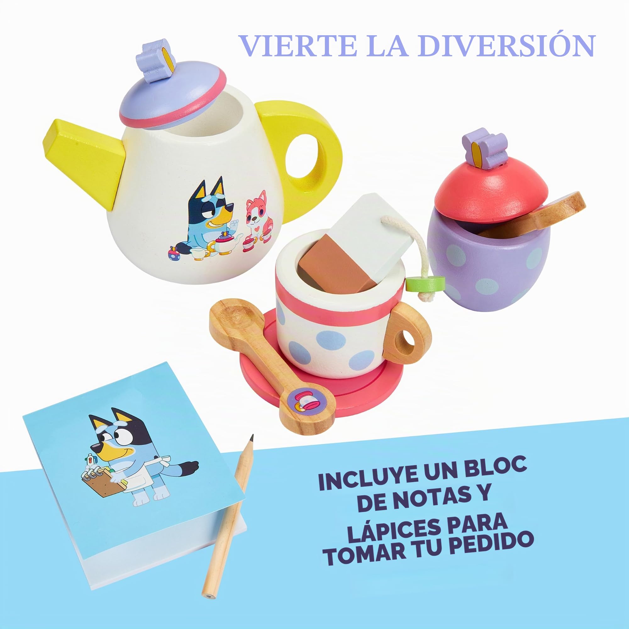 BLUEY Tea Party Set – Juego de simulación de Madera de 18 Piezas con Bandeja, Tetera, Tazas de té, Galletas y Bloc de Notas para niños de 3 años en adelante – Diversión imaginativa y Juegos de