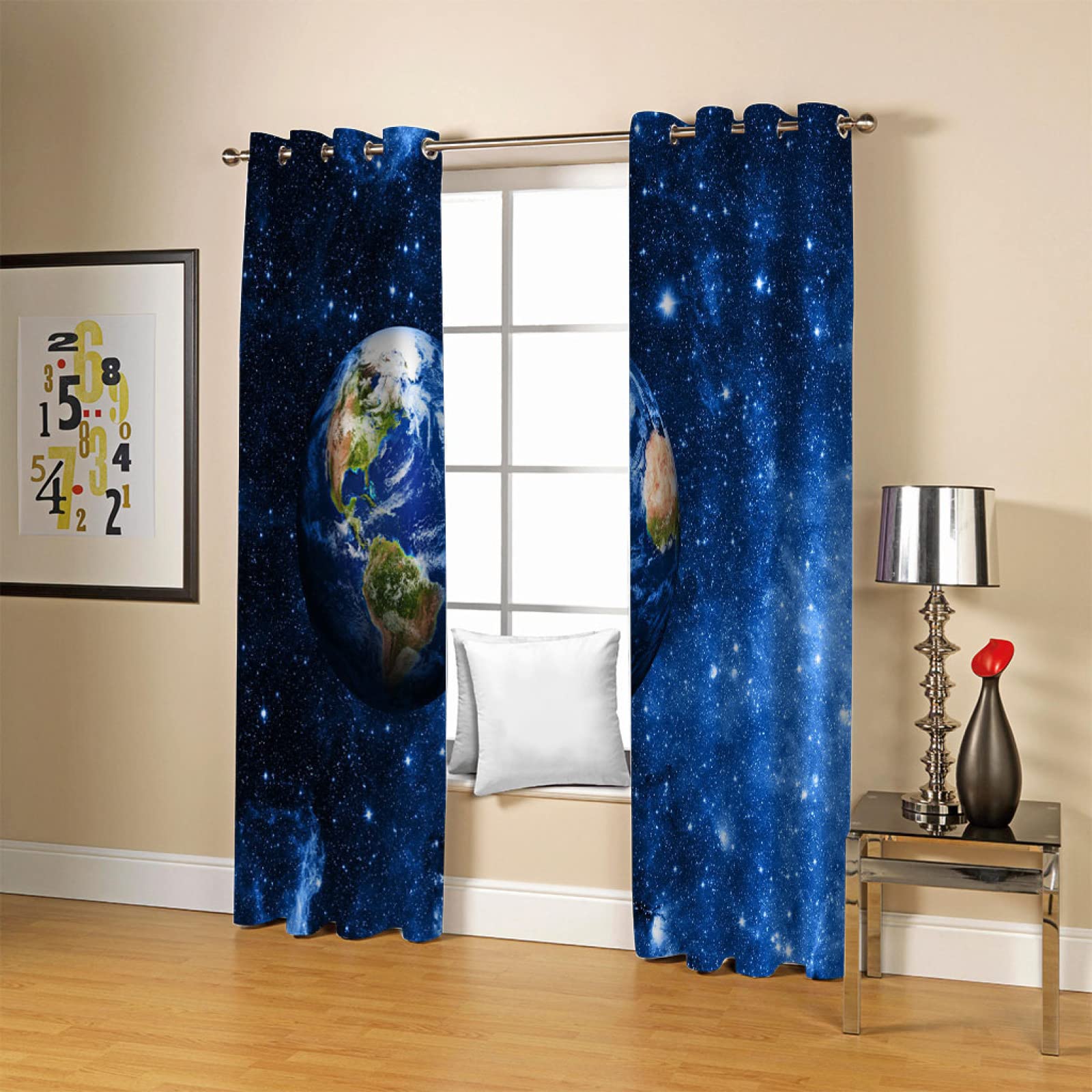 POGIB Rideaux Thermiques Isolants Occultants Anti Froid Anti Chaleur 3D Planète Étoilée Bleue Motif 200X214Cm Lot De 2 Rideaux Salon Cuisine Chambre Enfant Adulte Rideaux Occultants À Oeillets