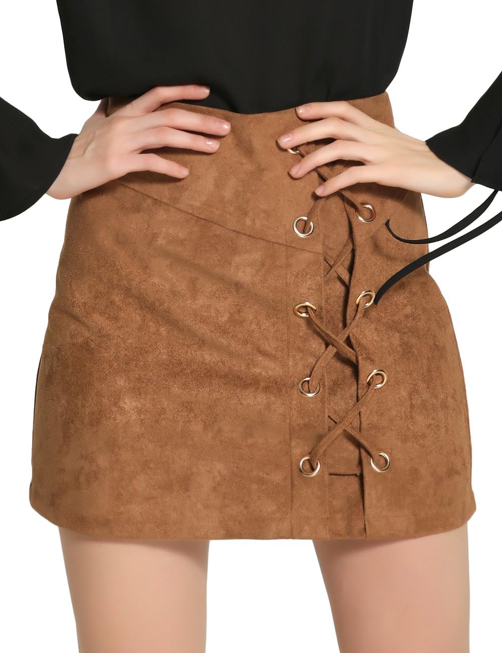 Women's Faux Suedette Strap Design Plain A-line Mini Skirt(S,Khaki )