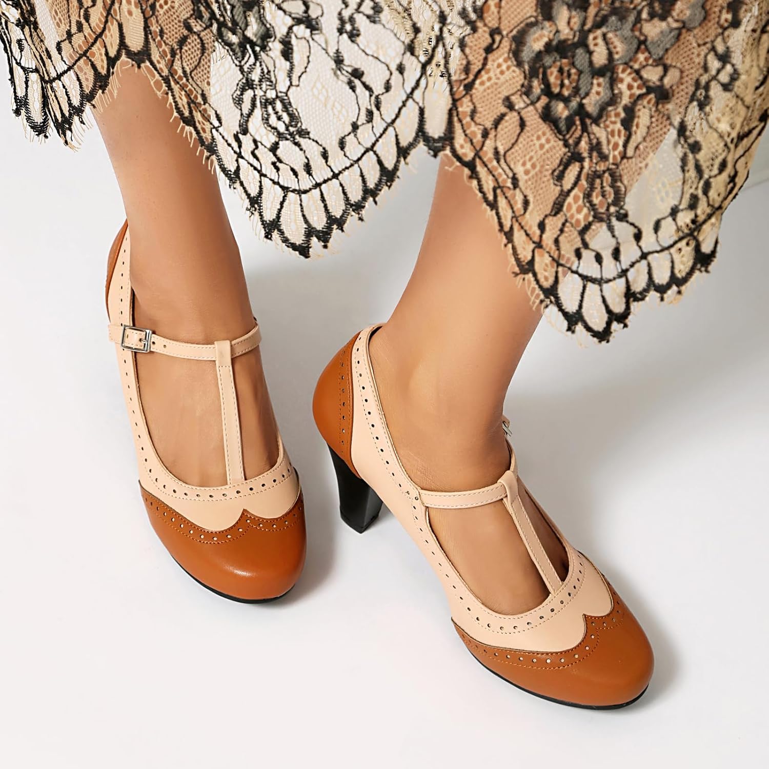 Elerhythm Women's Mary Jane Two Tone Classic and Retro Oxford Wingtip 1920s Pump Heels 1950s Vintage Round Closed Toe 1940s Ankle Strap Dress Shoes - Image 4