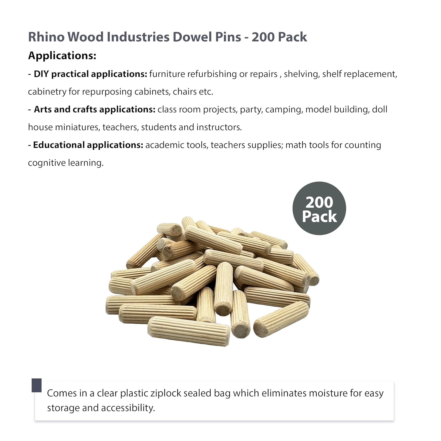 1/2" x 2" Wooden Dowel Pins, 200-Pack – Birch Hardwood, Kiln-Dried, Fluted & Beveled (1/2" x 2", 200pk)