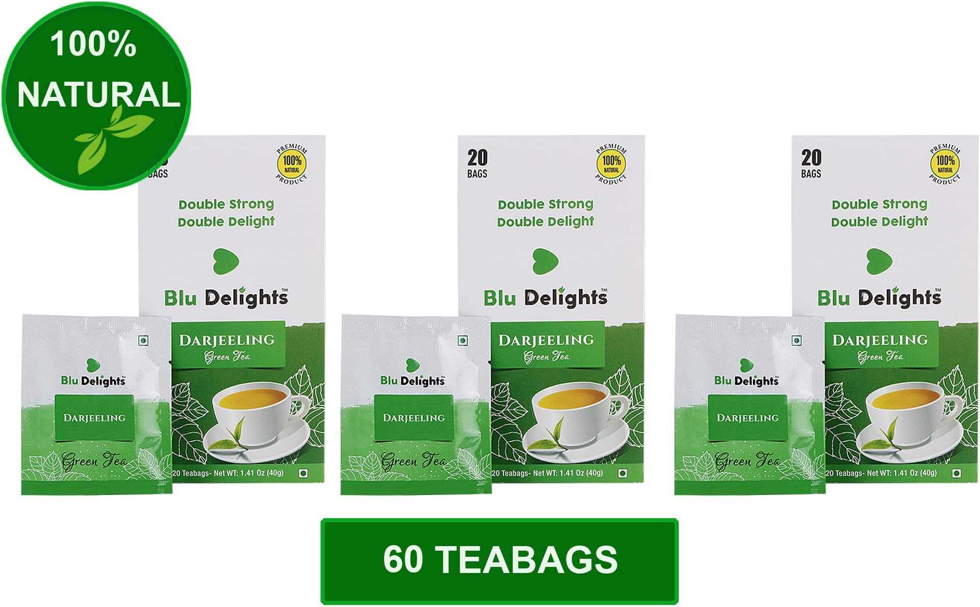 Blu Delights Darjeeling Natural Green Tea Bags for Weight Loss | Improves Metabolism | Strengthens Immune System- 20 Tea Bags (Pack of 3)