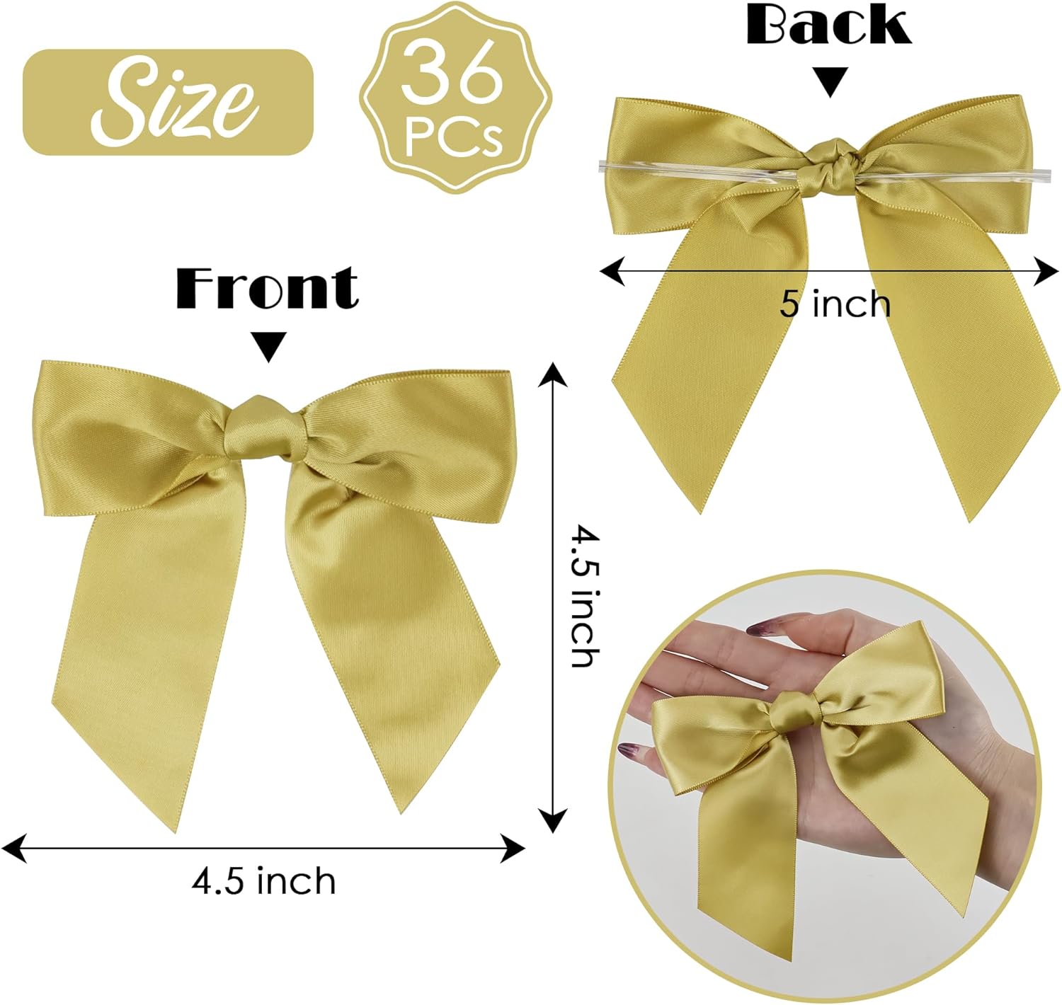 AIMUDI Satin Twist Tie Bows for Treat Bags 4.5" Pre-Tied Gold Bows with Twist Ties Gold Ribbon Bows for Crafts Premade Bows for Gift Wrap Christmas Tree Wedding Decor Party Favors Goodies - 36 PCs - Image 2