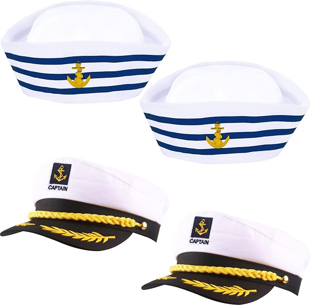 SGBETTER 4 Pieces Captain Hat White Blue Yacht Sailor Marine Navy Admiral Hats for Halloween Cruise Line Nautical Theme Party Cosplay Dress up Costume Accessory