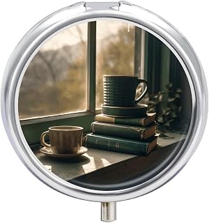 Books and Mugs Round Pill Box Pill Case | Round Portable Pill Case Pill Box Compact Travel Medicine Organizer Small Daily Storage Container for Purse Pocket.