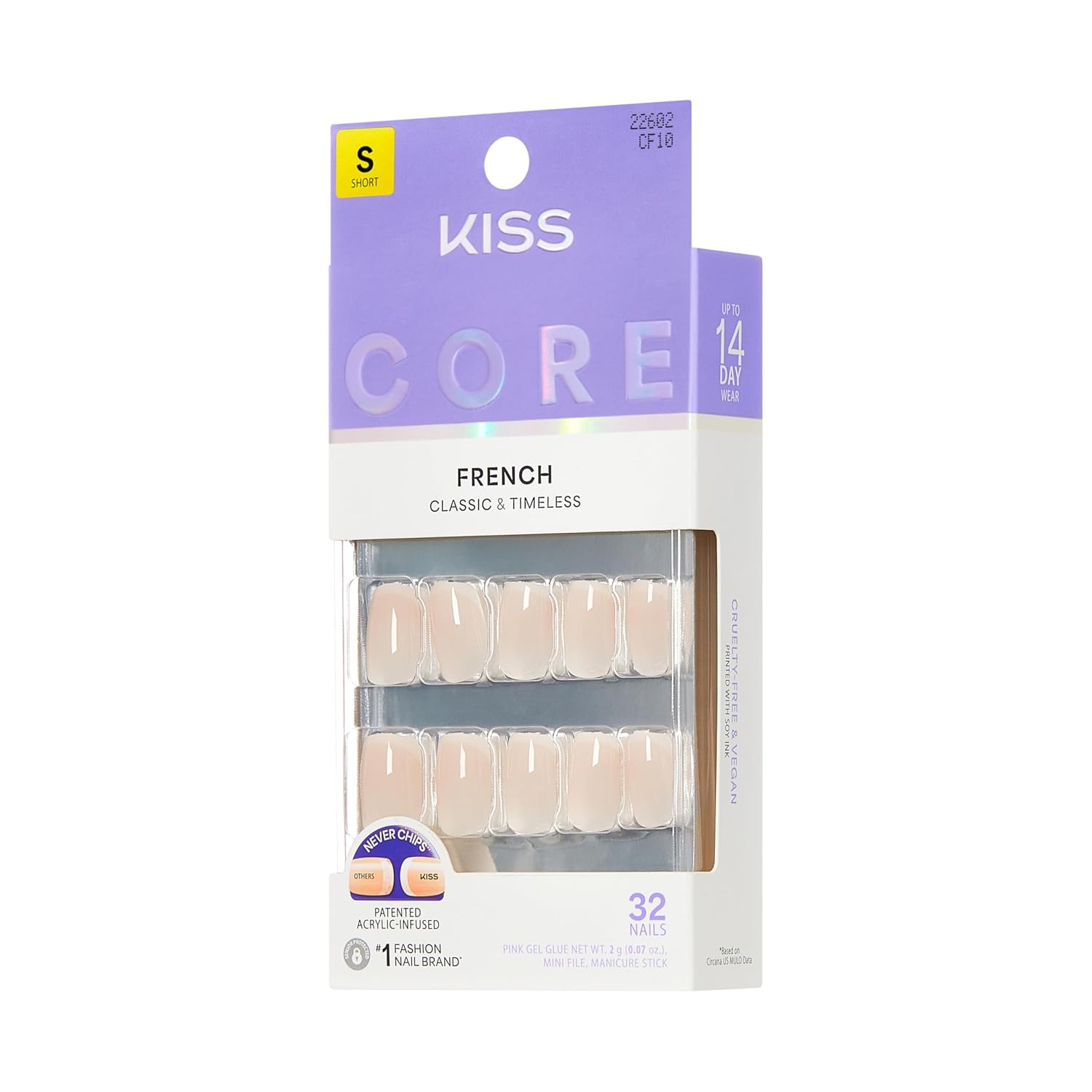 KISS CORE, Press On Nails, Nail glue included, 'My Darling', Pink, Short Size, Squoval Shape, Includes 32 Nails, 2g Glue, 1 Manicure Stick, 1 Mini File (Pack of 2)