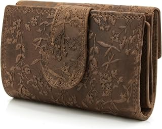 Frauen-Portemonnaie mit Blütenmuster, Leder Geldbörse für Damen mittelgroß, Riegelverschluss, RFID-Schutz (Dunkel-Braun)