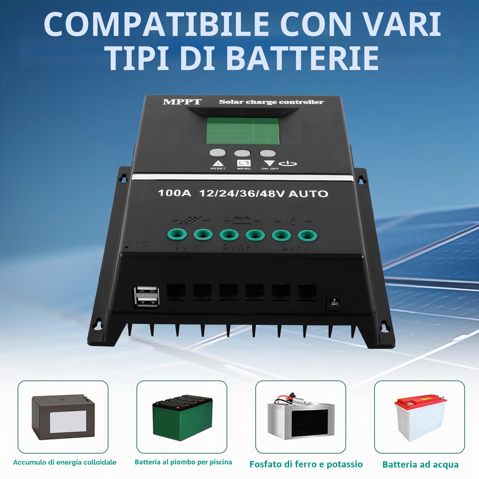 Regolatore di carica solare MPPT da 100 A, 12 V, 24 V, 36 V, 48 V, USB, display LCD con ingresso massimo 100 V, regolatore solare 12 V, mppt 100 A, per piombo-acido/litio per tutti i tipi di