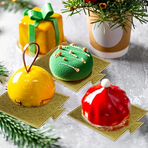 Vista 2 de Lainrrew Mini tablas para tartas, 200 unidades, color dorado, estampado floral, cuadrado, cartón, apto para alimentos, a prueba de grasa, resistente