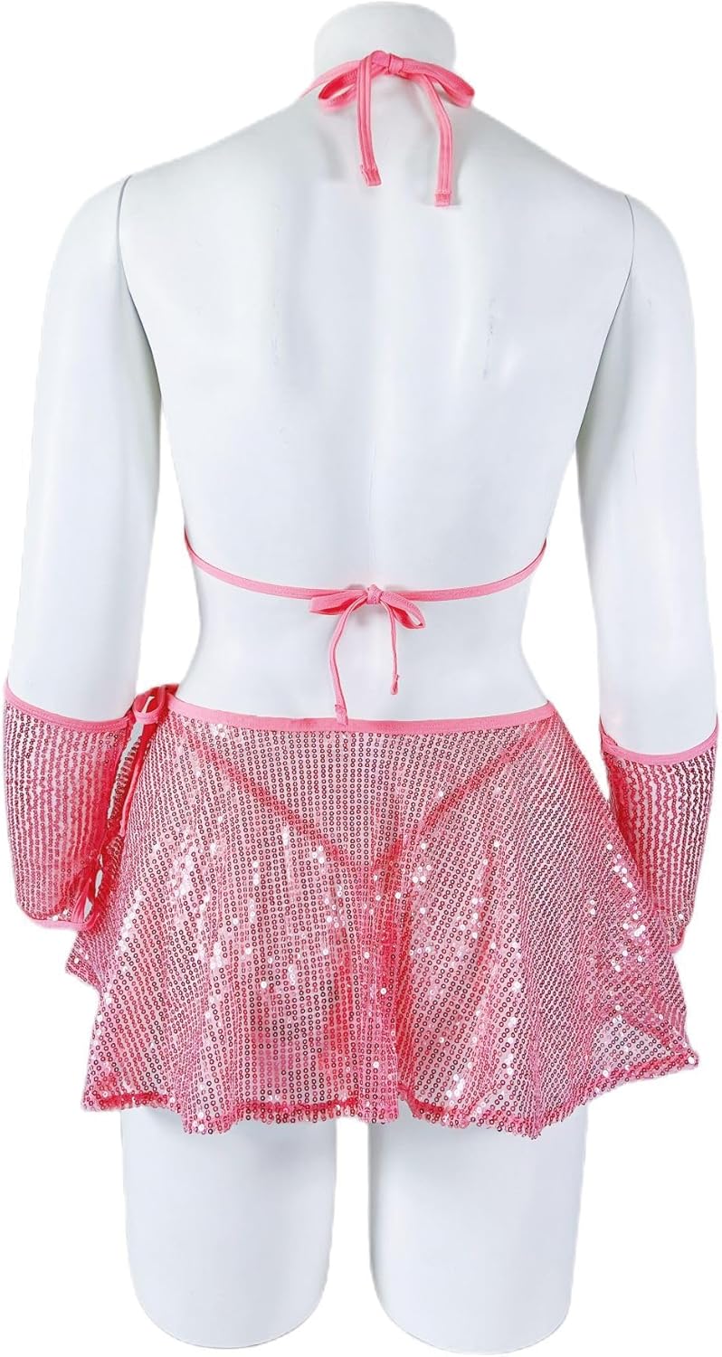 SIQITECHNO Womens Shiny Sequin Rave Outfits See Through Halter Bra Top Mini Skirt Lingerie Set Glitter Hologram Clubwear - Image 7