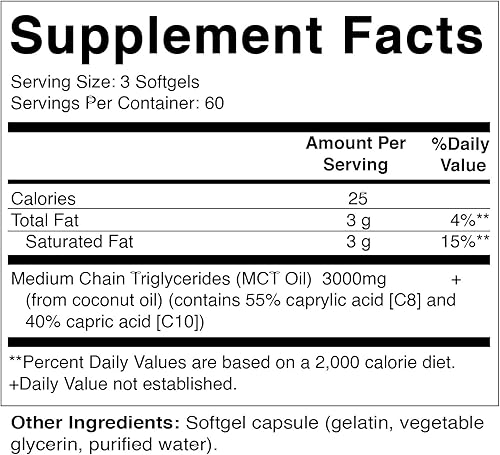 Miniatura 2 de Vitamatic 2 paquetes de cápsulas de aceite MCT de 3000 mg por porción, 180 cápsulas blandas, de aceite de coco, contiene 55% de ácido caprílico C8 y