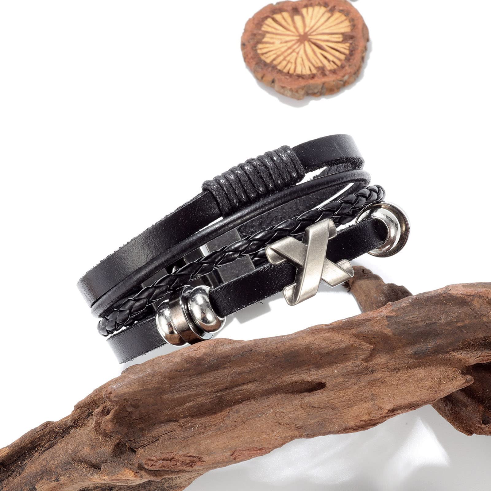 Pulsera de Hombre Pulsera de Cuero Pulsera de Acero Inoxidable Pulsera Trenzada Pulsera de Cuero Trenzada Multicapa Vintage en Forma de X