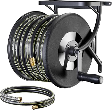 Heavy Duty Metal Garden Hose Reel Wall Mounted, Come with 130ft Rubber Garden Hose & 5ft Lead-in Hose, Brass Fittings, Easy Crank Handle, Weather Resistant