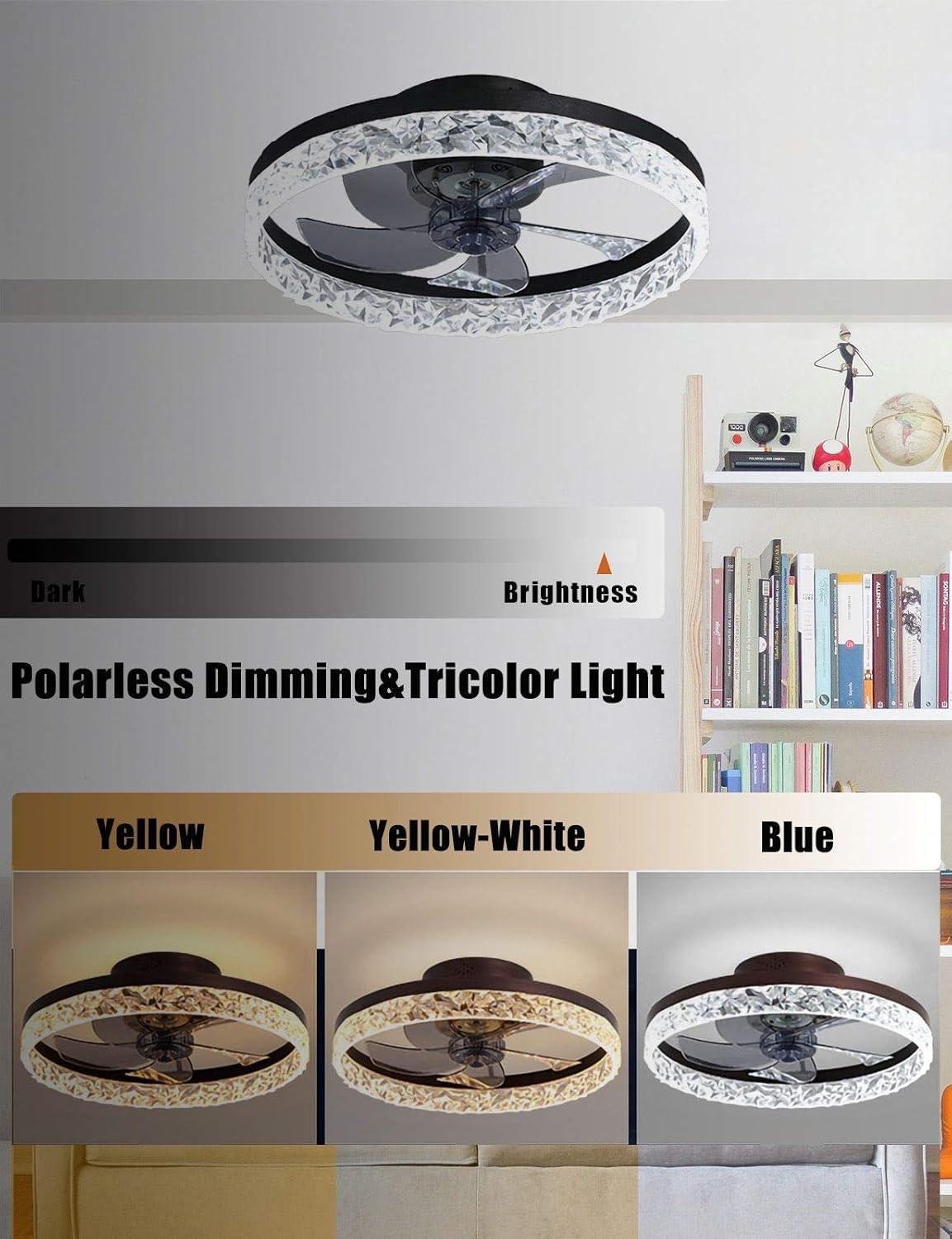 Ceiling Fan with Light, 19.7'' Flush Mount, Remote Control, Timing, Dimmable LED, 6 Wind Speeds, Hidden Blades (Black) image 4 of 7 B0928ZW2GC