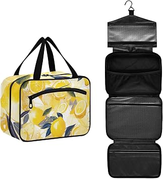 Yellow Lemon Hanging Large Make up Bag with Hook, Designer Portable Cosmetic Bags for Women Traveling Travel bolsas de maquillaje para Mujer L