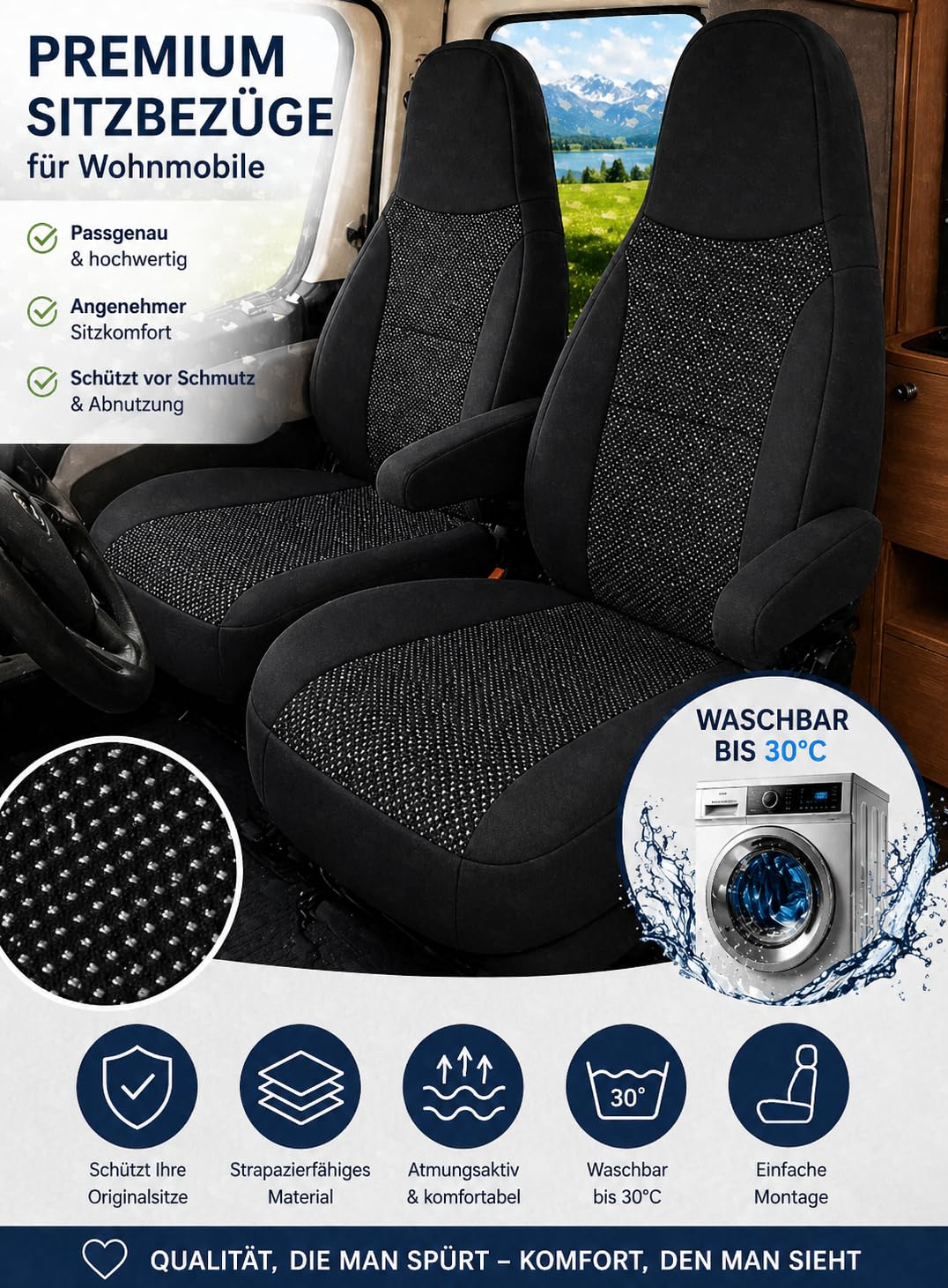 Generisch Fundas de asiento para autocaravana, piloto, asiento del conductor y del copiloto, 2 plazas, tejidos de alta calidad, lavables, juego 1+1 (negro)