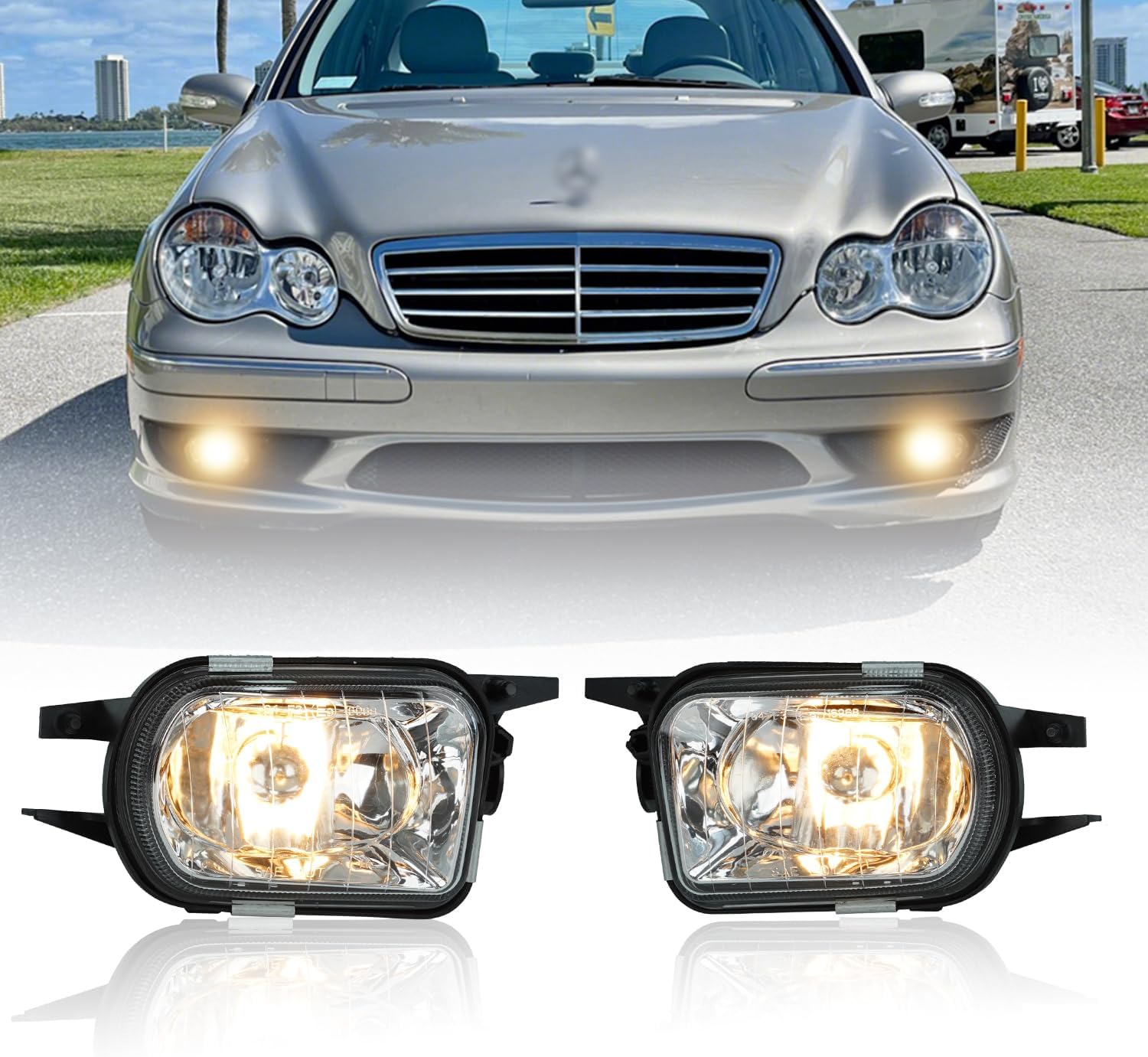 Fog Lights for Mercedes-Benz C/CL/CLK/SL/SLK Class (2001-2009) - AMG & Base Models with OE Fitment, SAE J583 Fog Lamps Replacement (Clear)
