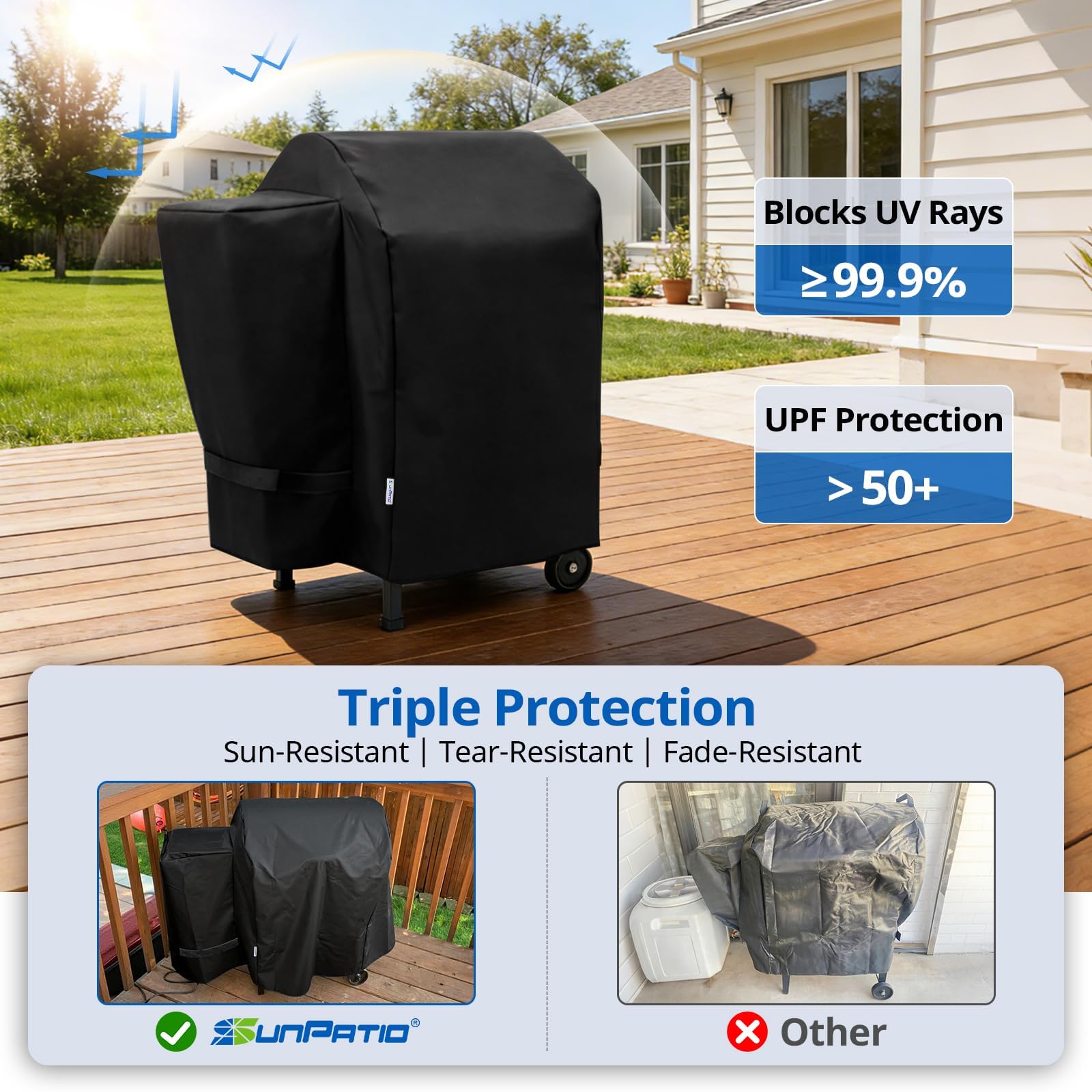 SunPatio Outdoor Heavy Duty Waterproof Grill Cover for Traeger 20 Series Wood Pellet Grill and Smoker, Junior, Tailgater and More, Full Length Barbecue Grill Cover, All Weather Protection, Black