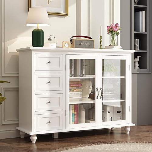 Homsee Moderno aparador de cocina con 2 puertas de cristal, 4 cajones y 3 compartimentos de almacenamiento, mueble de madera para sala de estar,