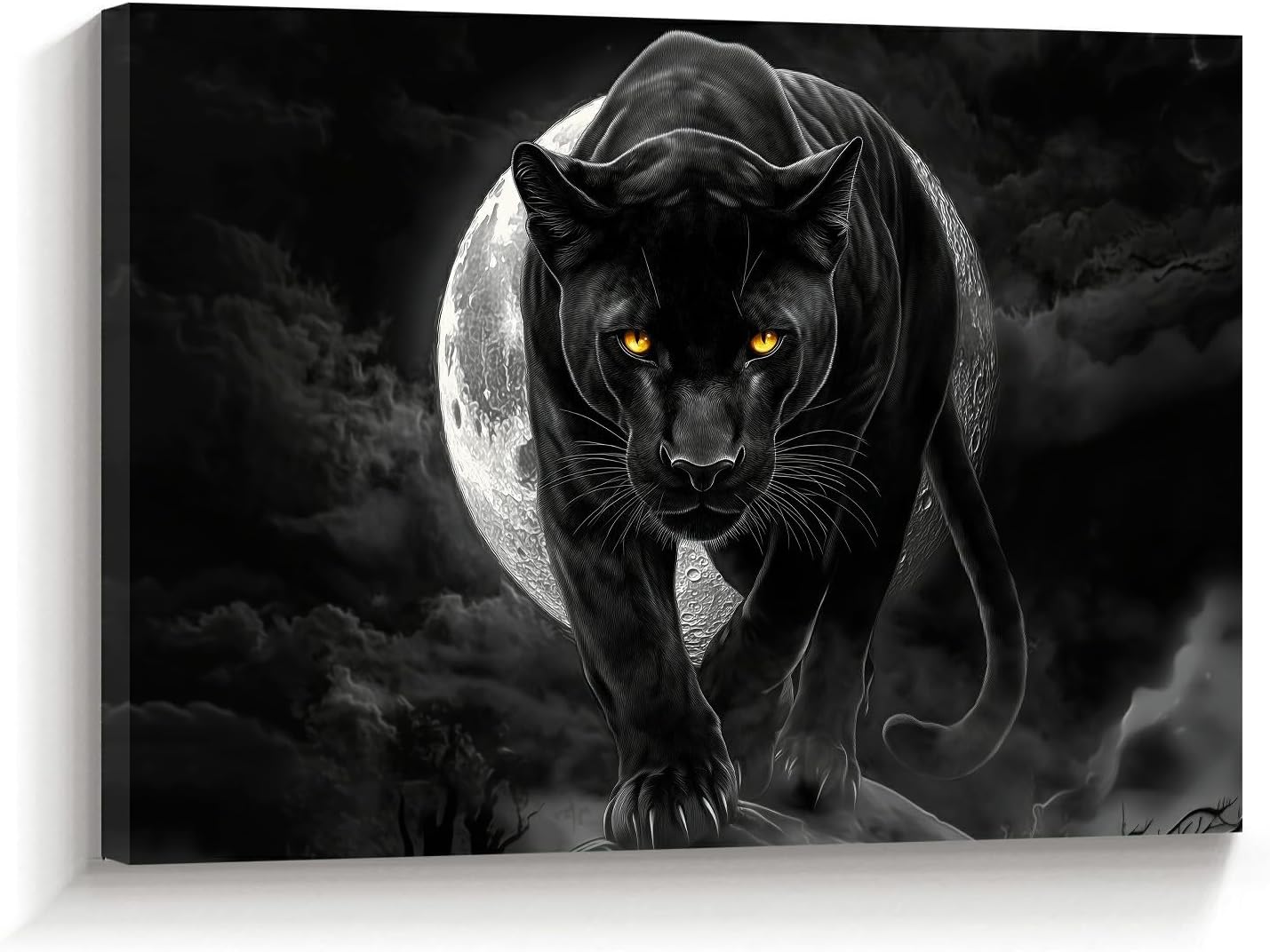 ZSHDEYMTOP Panther Canvas Wall Art Black and White Leopard & Full Moon Pictures Wildlife Prints Jungle Cheetah Portrait Paintings for Living Room Decor Frame (Silver,12L x 18W)