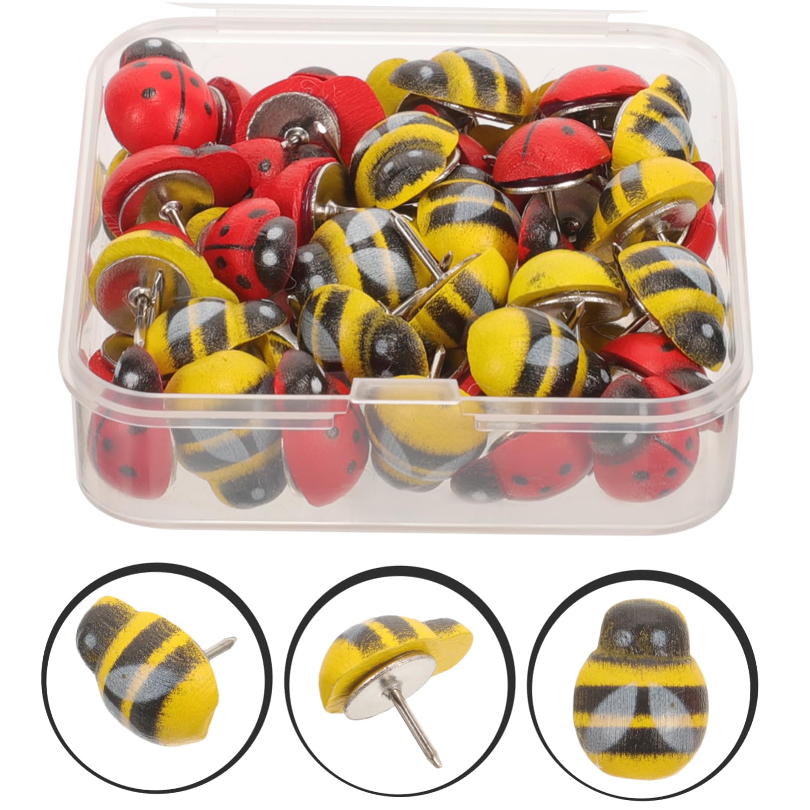 SHINEOFI 4 Sätze Reißzwecke Thumbtacks Karte Marienkäfer-pinnnadeln Daumennägel Stecknadeln Strapazierfähige Reißnägel Süßes Stationäres Tragen Stifte Farbig Colorful Hölzern 50 Stück * 4