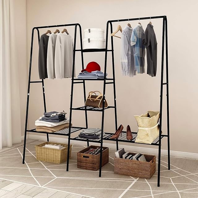 BOFENG Clothes Rail Metal Garment Rack Heavy Duty Indoor Bedroom Clothing Hanger With Top Rod and Lower Storage Shelf coat rail Black garment rails